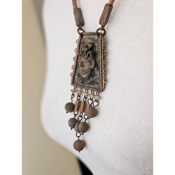 Vintage 1960s-70s Mexico Stamped Mixed Metal Necklace - Maya Ethnic Mask Pendant - Picture 5 of 12